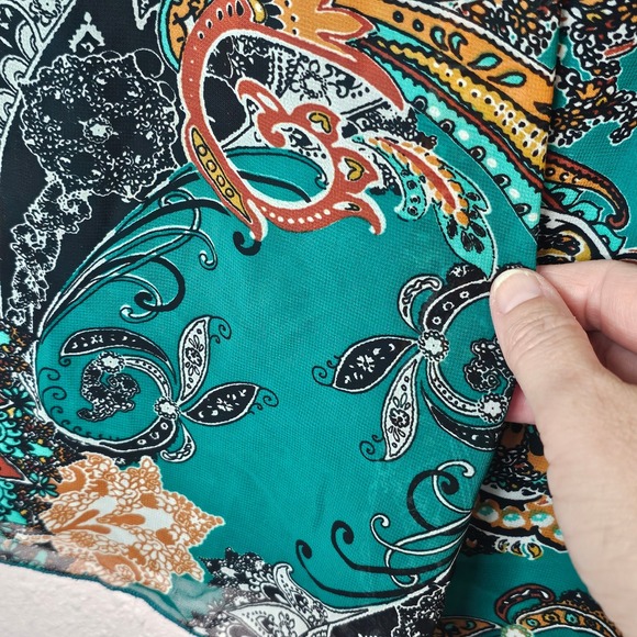 Paisley Print Green Dress Sheer Overlay Sleeveless Party Cocktail Autumn Harvest - Picture 7 of 12